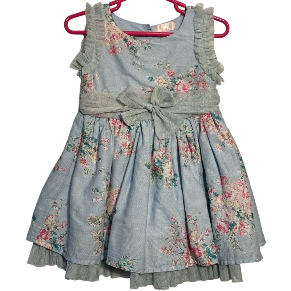 Easter dress M&E Mila and Emma sky blue & pink floral dress ruffles bows 2T EUC